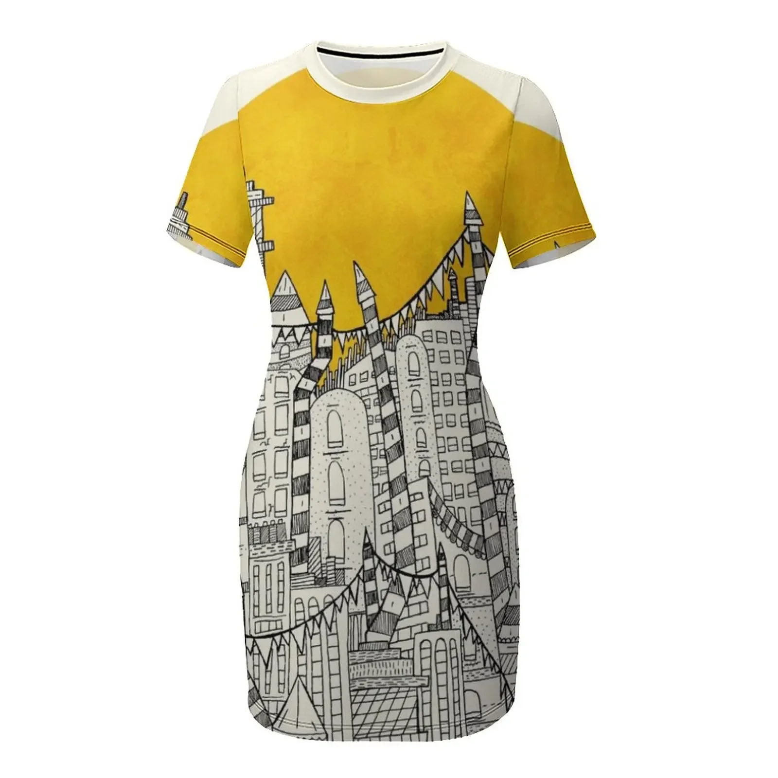 เดรสแขนสั้นลายดวงอาทิตย์ขนาดใหญ่เมืองเล็กสำหรับผู้หญิง เหมาะสำหรับงานพิเศษ งานพรอม ชุดเดรสผู้หญิงทรงหลวมใส่สบายสำหรับฤดูร้อน