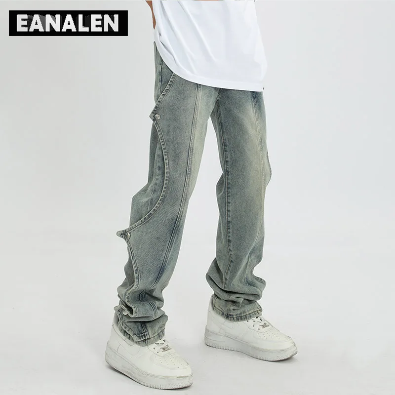 Harajuku Vintage Tooling Functional Blue Loose Jeans Men's Y2K Streetwear Gothic Punk Rock Oversized Casual Pants Women Grunge