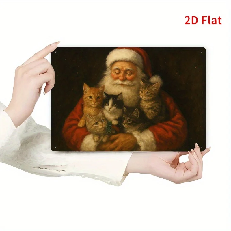 Impresión plana 2D, cita inspiradora divertida, letrero de estaño rectangular de hierro vintage, Papá Noel y gato, decoración rústica vintage para el hogar y gar