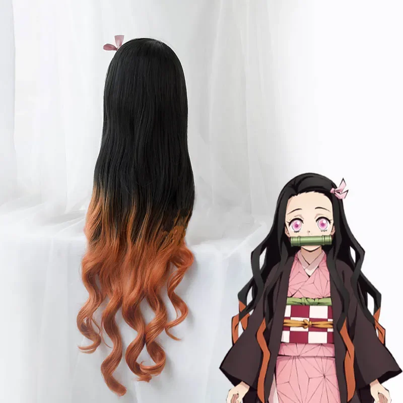 Anime Demon Slayer Kimetsu no Yaiba Nezuko Kamado Wig Long Heat Resistant Synthetic Hair Perucas Cosplay Wigs   Wig Cap