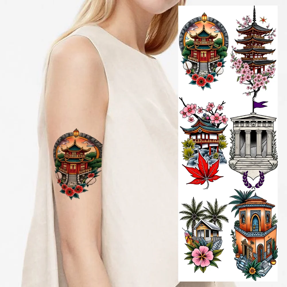 9 pièces tatouage temporaire Temple imperméable longue durée corps autocollants colonne château temporaire tatouage autocollants pagode pour hommes femmes