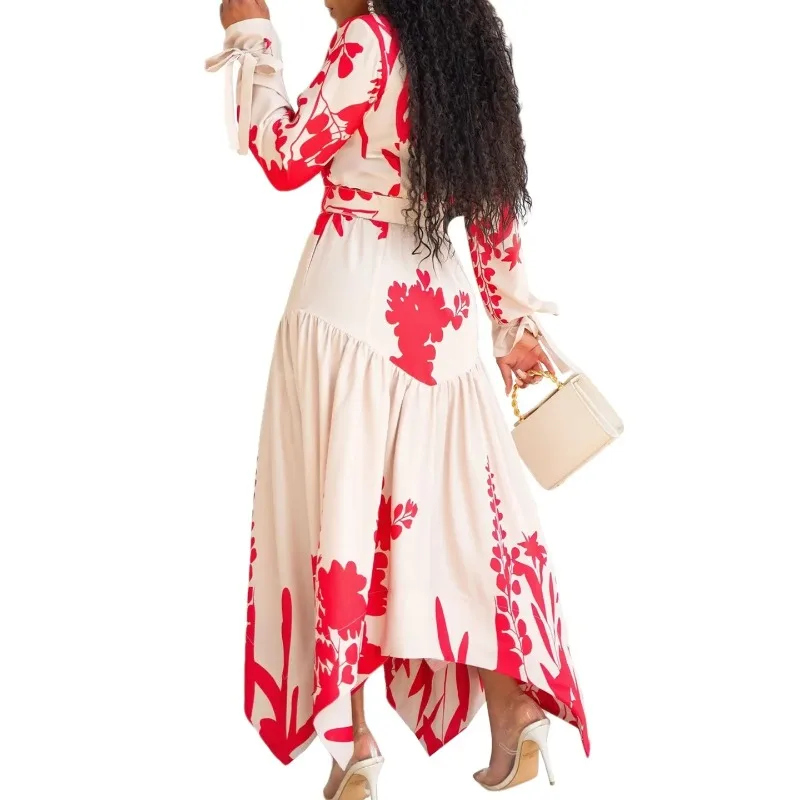 

2024 African Dresses for Women Summer Long Sleeve V-neck Polyester Printing Long Maxi Dress Outfits Dashiki African Clothes