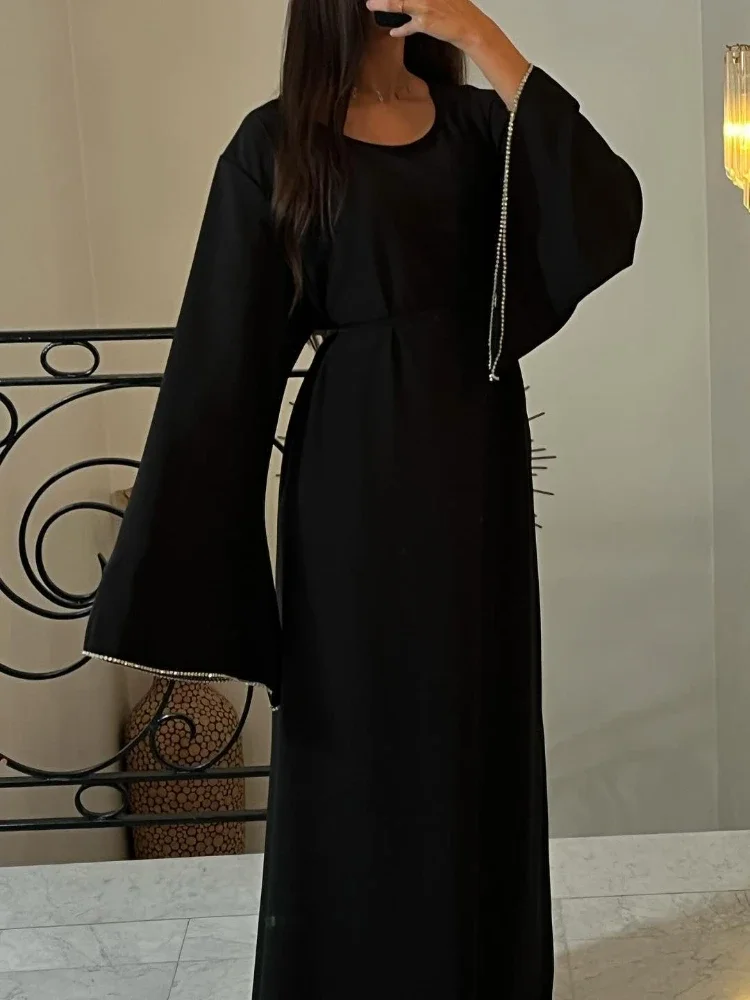 Eid Ramadan Party Dress for woman women Abaya Diamond Flare Sleeve Long Dress Belt Morocco Kaftan Vestidos Dubai Robe Jalabiya