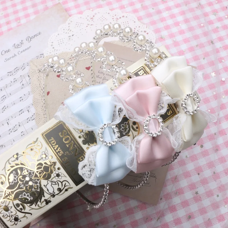 Handmade Sweet Mine Heart Shape Rhinestone Lace Bow Pearl Headband Japanese Style Girls Hair Accessories Hairband for Women