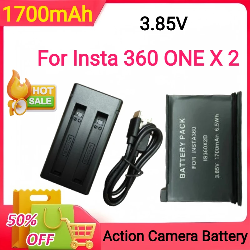 

3.85V 1700mAh New Rechargeable Battery + LED 3-Slots Charger for Insta 360 ONE X 2 Action Camera
