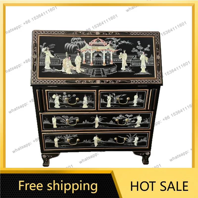 Zj. Shell Craft Dian Figure Inlaid Flip Folding Secretary Cabinet Four Bucket Locker