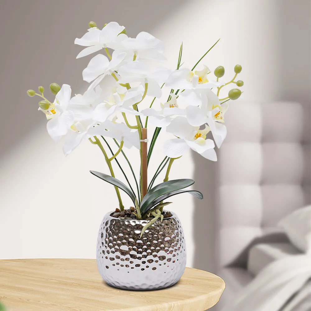 Künstliche Phalaenopsis-Orchideen-Topfpflanze, realistische Kunstblume mit Keramiktopf, pflegeleicht, Tischdekoration für Zuhause und Büro
