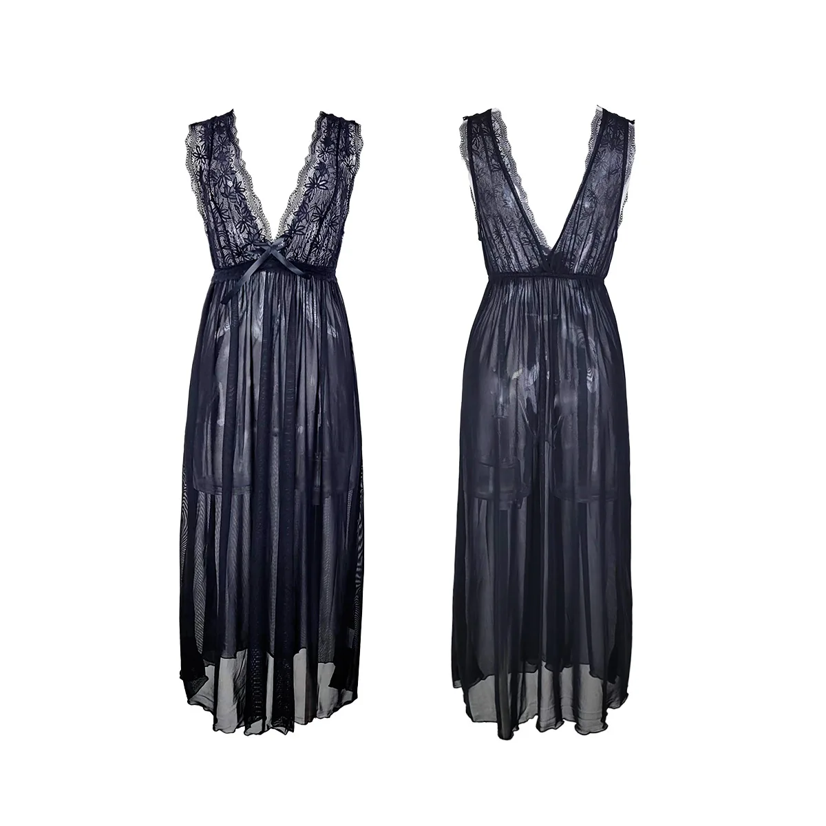 Pyjama Sexy longue chemise de nuit vêtements de maison mode robe en dentelle pour les femmes profond V vêtements de nuit en mousseline de soie chemise de nuit vêtements de nuit de mariage