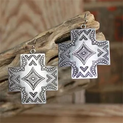 Ethnic Silver Color Metal Geometric Square Earrings Vintage Originality Carving Pattern Dangle Earrings for Women Jewelry