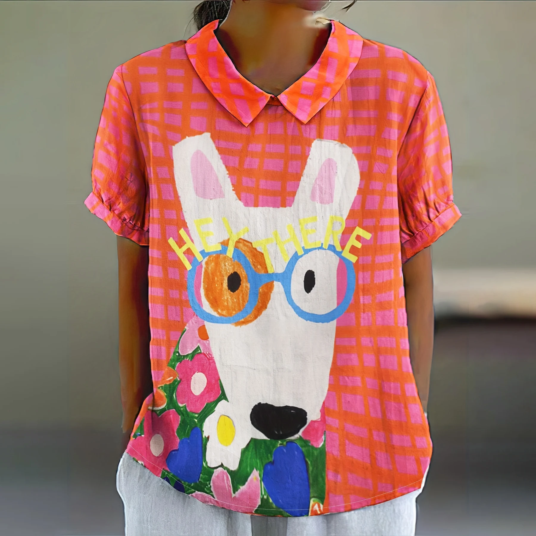 Sommer Casual Damen Tops Fun Puppy Print Outdoor Fashion Damen Übergroße Kleidung Reise Revers Kurzarm T-Shirt