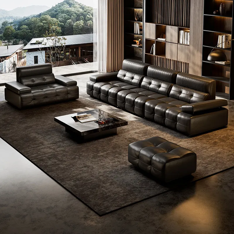 

PYJ Italian high-backrest leather sofa living room full green leather high-end adjustable straight-row sofa