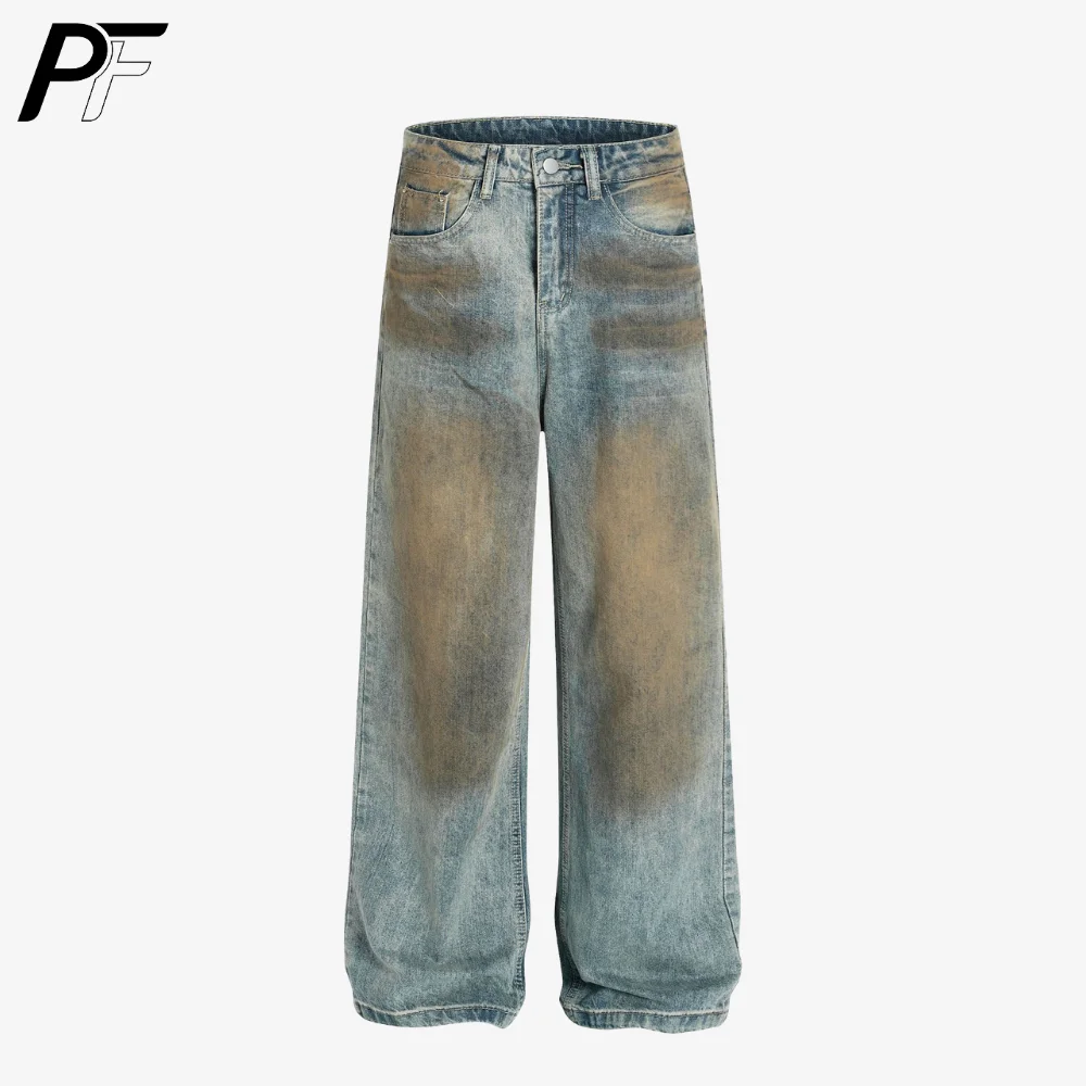 

Vintage American Distressed Washed Wide Leg Trousers for Men Baggy Straight Denim Pants Button Fashion Casual Loose Jeans New