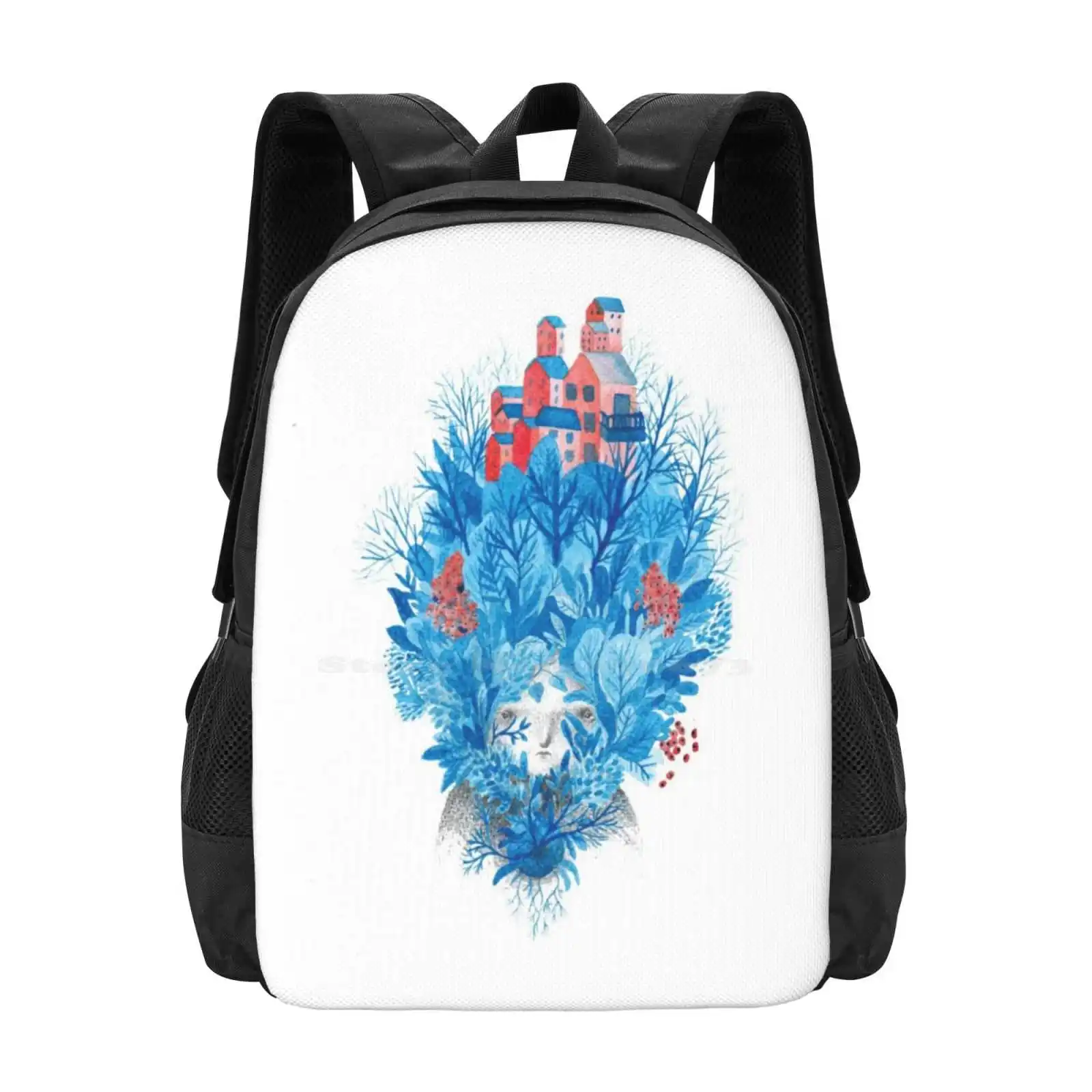 우리는 자연입니다 3d 인쇄 디자인 배낭 학생 가방 파란색 소녀 잎 꽃 자연 애호가 창의력 손 그리기 수채화