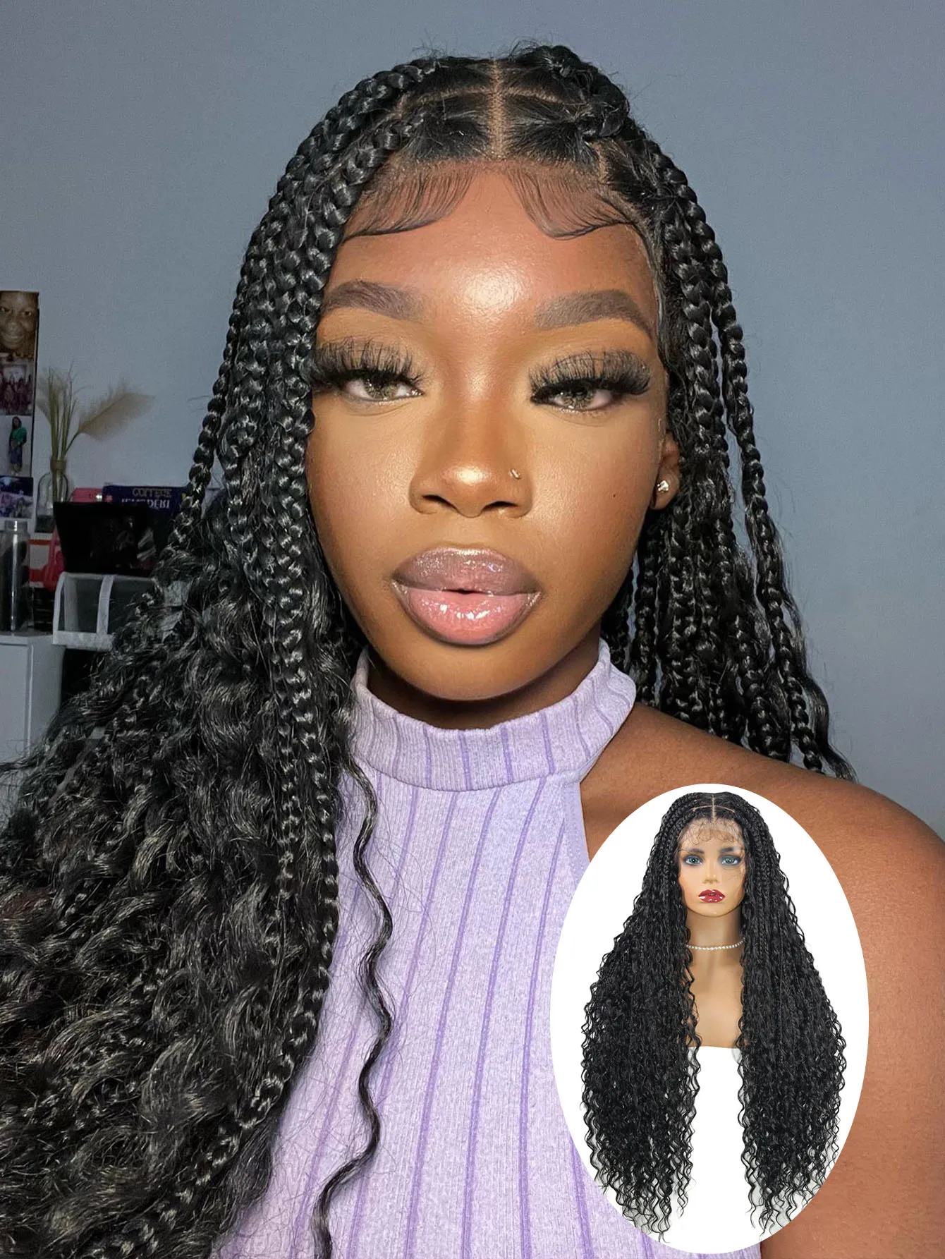 

32" Bohemian Synthetic Full Lace Wig Box Knotless Braided Wigs Boho Braided Lace Wigs With Curly Hair Knotless Braids Wigs