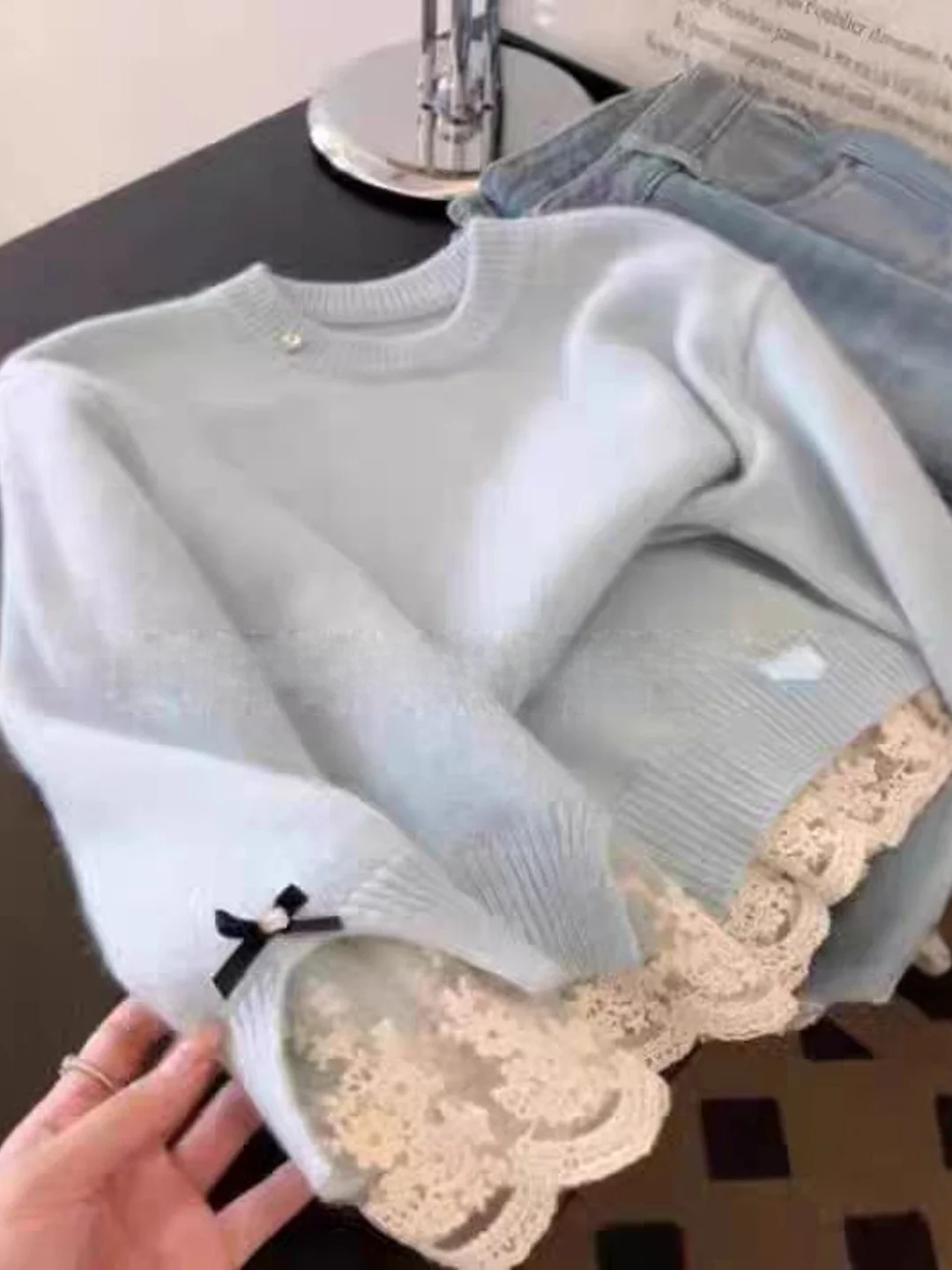 

Korean Lazy Sle Women's Knitted Sweater Lace Trim Base irt Inner Wear Autumn Winter New Arrival High End Feeling Knit Top