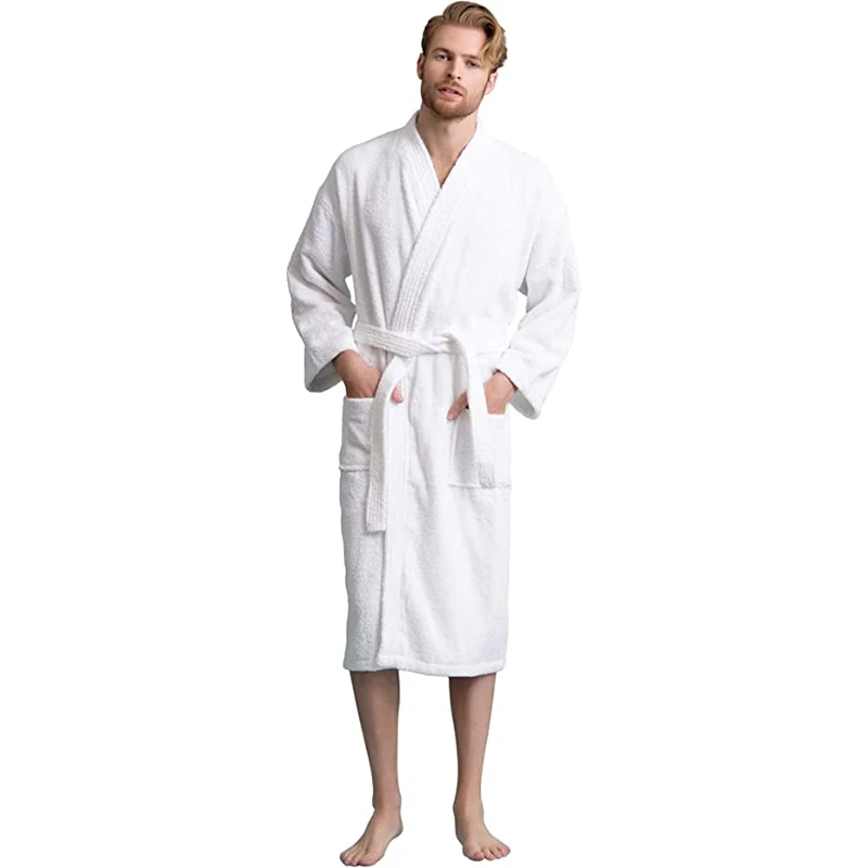 Absorb Water Men\'s Bathrobe Solid Long Sleeve Pockets Kimono With Sashes Terry Cotton Luxury Dressing Gown For Man 2024