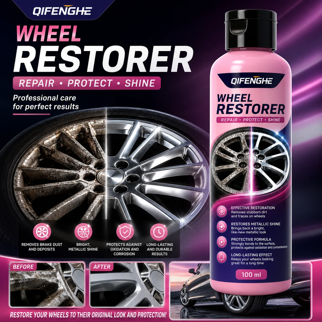 QIFENGHE Wheel Restorer 100ml Car Rim Repair Agent Remove Brake Dust Oxidation Restore Metallic Shine Anti‑Corrosion Wheel Prote