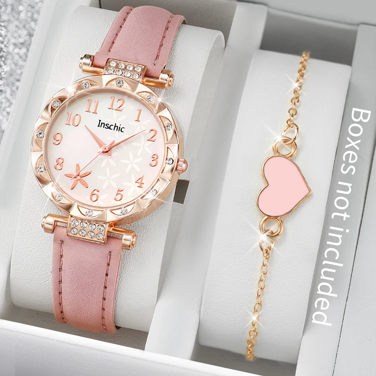 2PCS/Set Women's Watch Fashion Flowers Dial Quartz Watch Leather Band Watches Bracelet Set（Without Box）