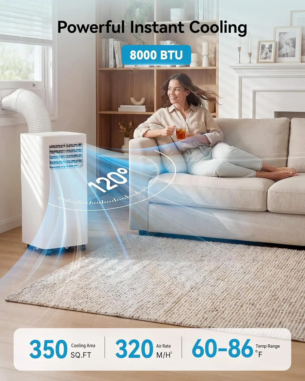 

Портативный кондиционер 8000 BTU, 3-в-1, охлаждает площадь 350 кв. футов, тихий кондиционер с вентилятором и осушителем воздуха, LED-дисплей, пульт ДУ, 24-часовой таймер, настенное крепление