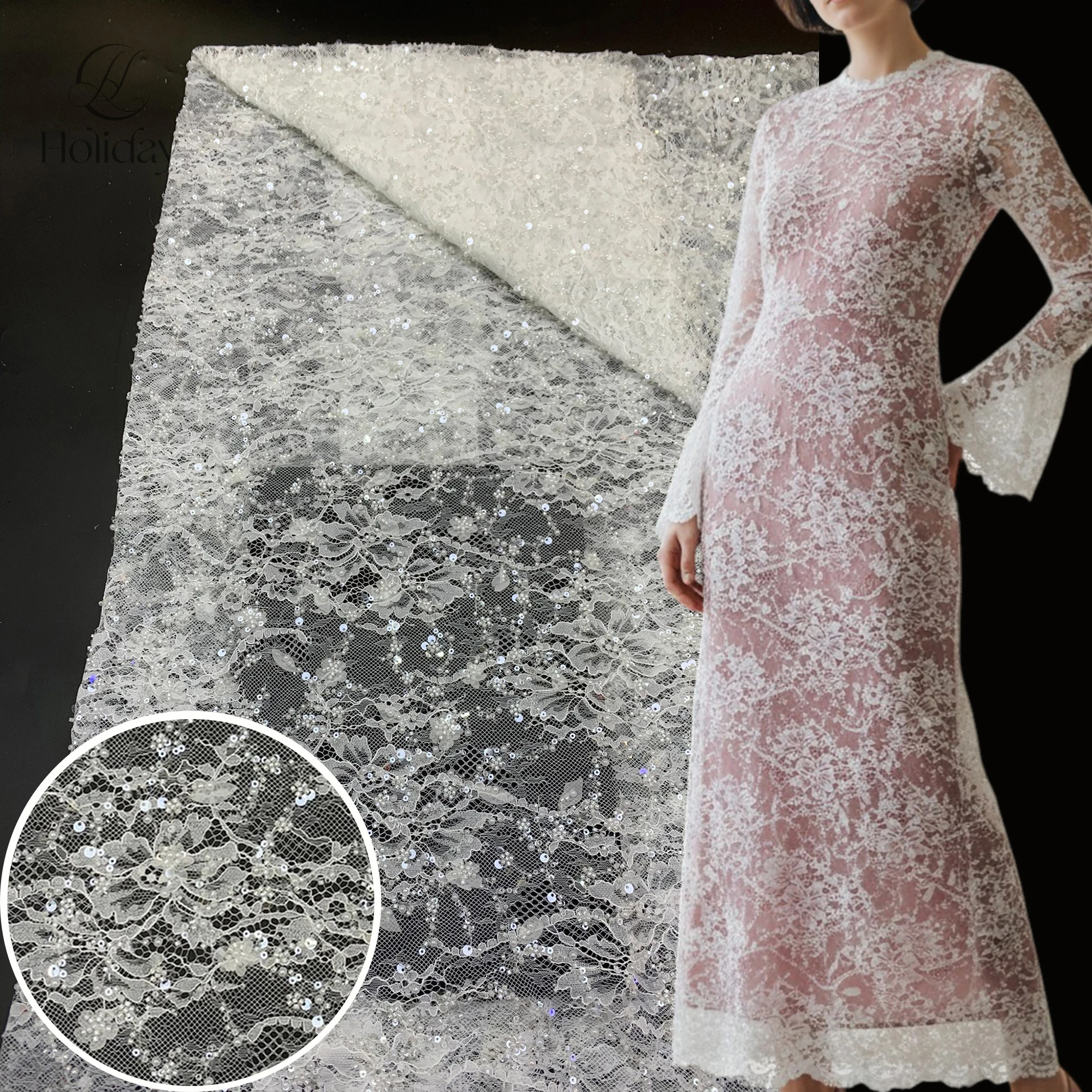 

Новинка 2026: Кружево с лазерной и 3D вышивкой бисером/трубочками/пайетками | Роскошная тяжелая расшитая кружевная ткань для свадебных и вечерних платьев