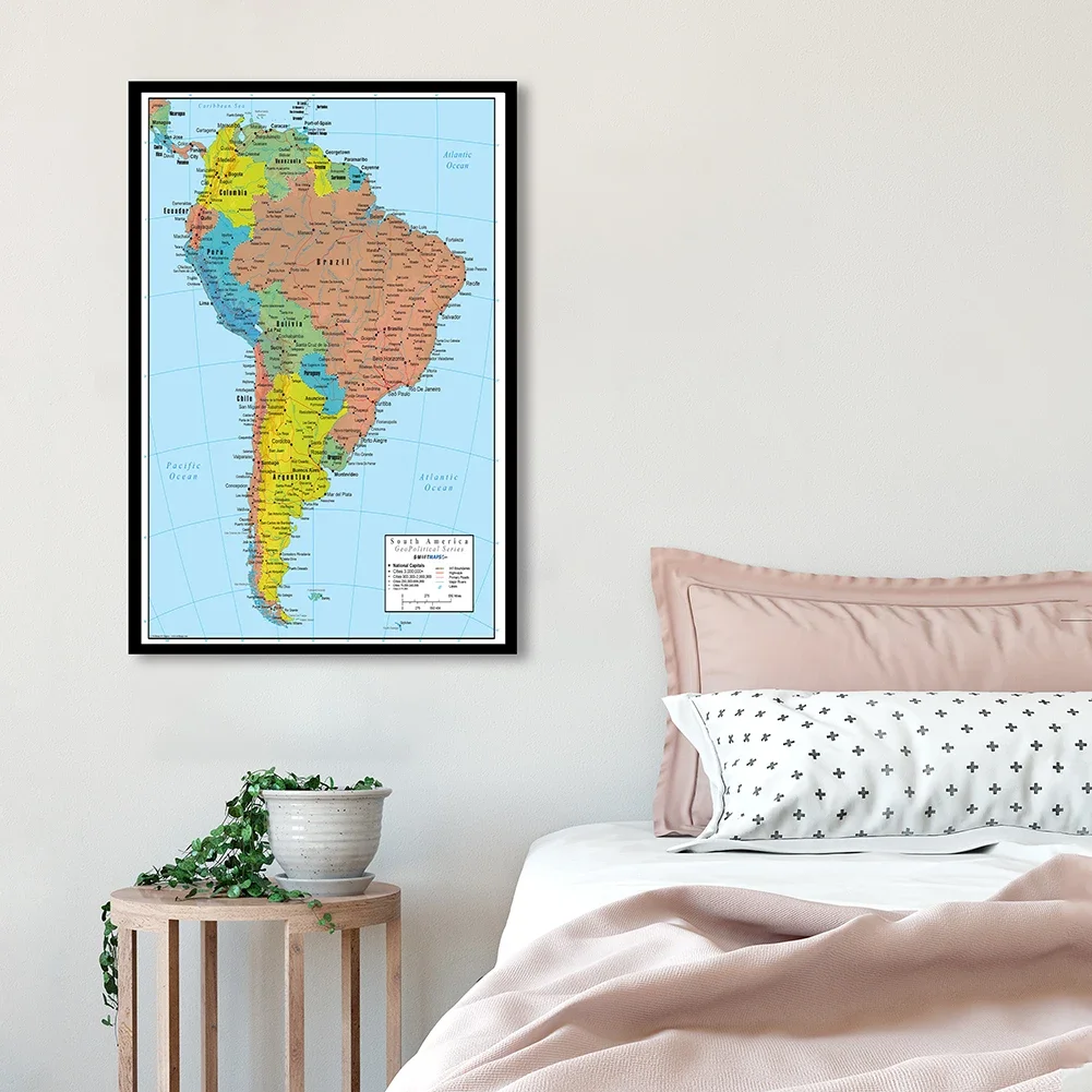 42*59cm de la América del Sur mapa político pared arte cartel lienzo pintado con Spray de viaje de la escuela habitación decoración para el hogar