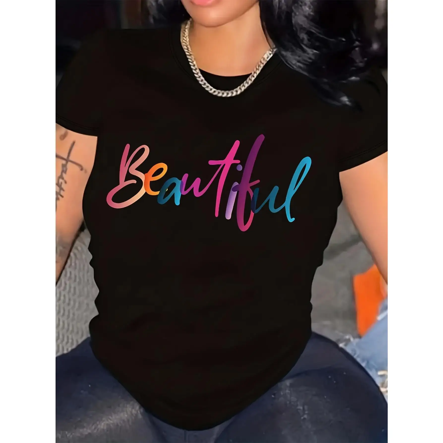 

Beautiful T-Shirt Aesthetic Positive Slogan Tops Gradient Color Graphic Tee for Women