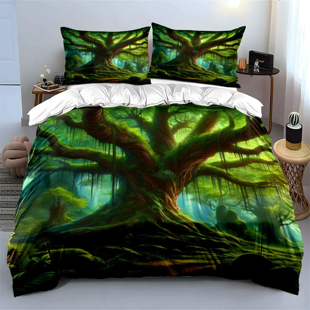 Majestic Green Tree with Sunlight Bedding Set for Kids Luxury Gift 3pcs Digital Print Comforter Set Soft Comfortable Breathable