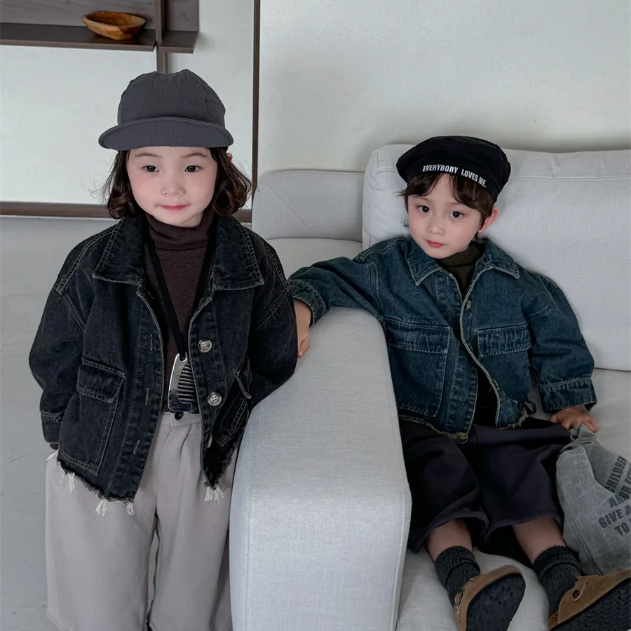 

Korean Loose Girls Baby Fringed Handsome Outwear Autumn Children's Jackets Vintage Style Boys Lapel Single-breasted Denim Coat