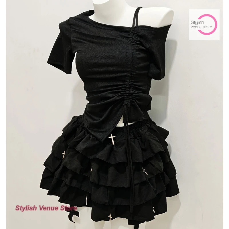 

American black dark gothic cross design sense short skirt women's summer new fashion slim drawstring short-sleeved top suit
