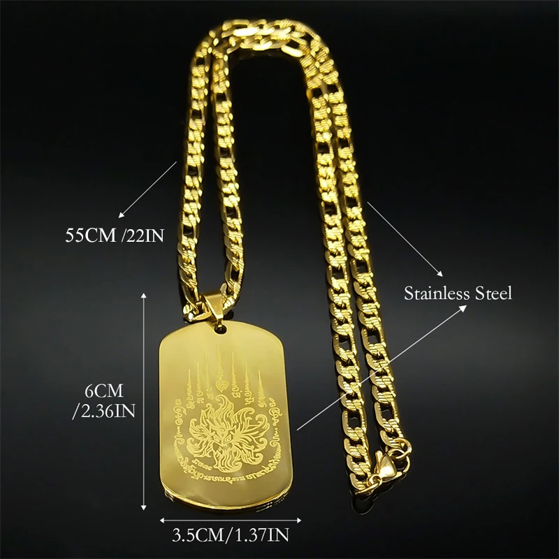 Thai Buddhist Scriptures Lotus Tag Nine-tailed Fox Pendant Necklace for Women Men Stainless Steel Gold Color Buddhism Jewelry
