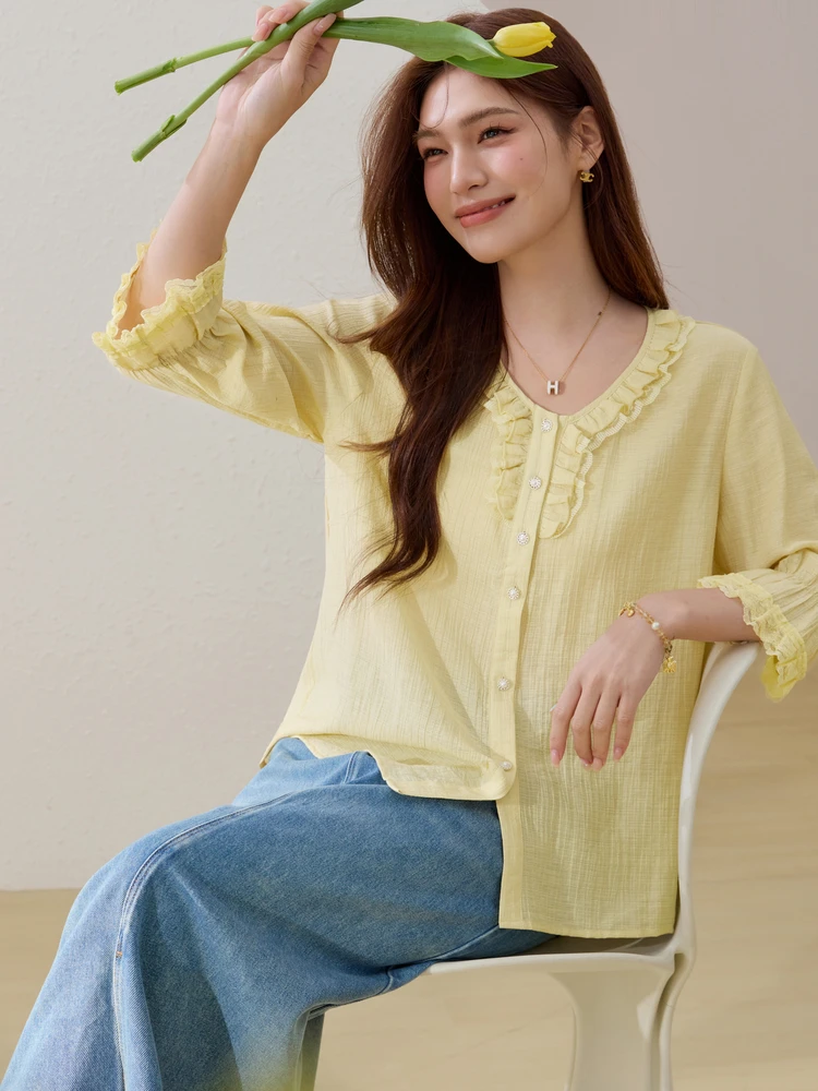 

Linen Blend Doll Collar Lightweight Shirt Slim Fit Korean Style Summer Fashion plus Size Women's Clothing Casual Wear