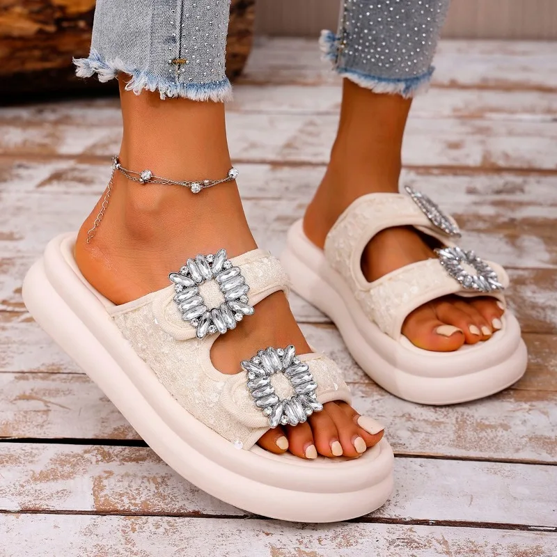 

Women's Fashion Platform Sandals Summer New Round Head Open Toe Crystal Buckle Anti-slip Wear-resistant Flat Slippers