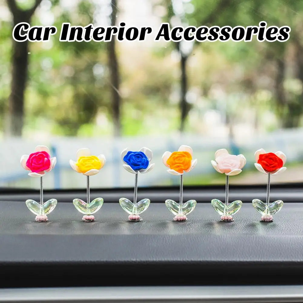 6Pcs/Set Rose Flower Car Ornament Center Console Dashboard Decoration Auto Spring Shaking Head Small Decoration Car Interior