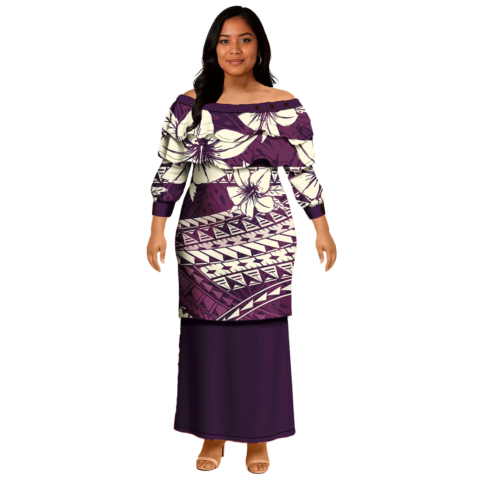 ชุดราตรีเซ็กซี่หรูหราชุดสองชิ้น Puletasi Polynesian Samoan Tribal แขนยาวโบสถ์ชุดสองชิ้น