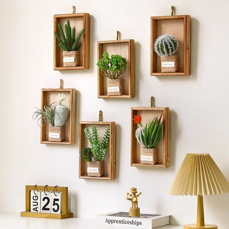 Creative 3D Succulent Wall Hanging Flowers Artificial een Plant Wall Decorations Rectangular Wooden Material Home Decor