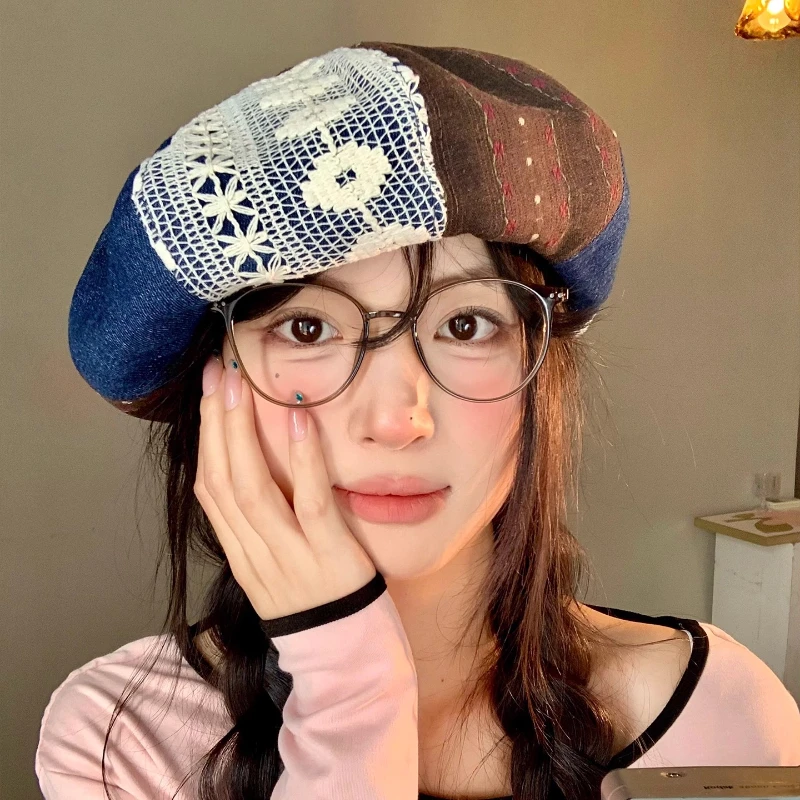 

Retro Jacquard Embroidery Splicing Berets for Women Summer Autumn Street Casual Versatile Show Face Small Elegant Painter Hat