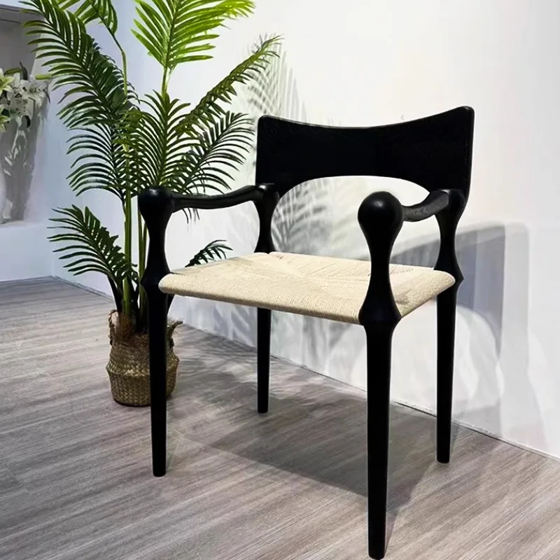 Solid wood dining chair leisure chair medieval homestay home backrest solid wood rattan indoor hemp rope rattan