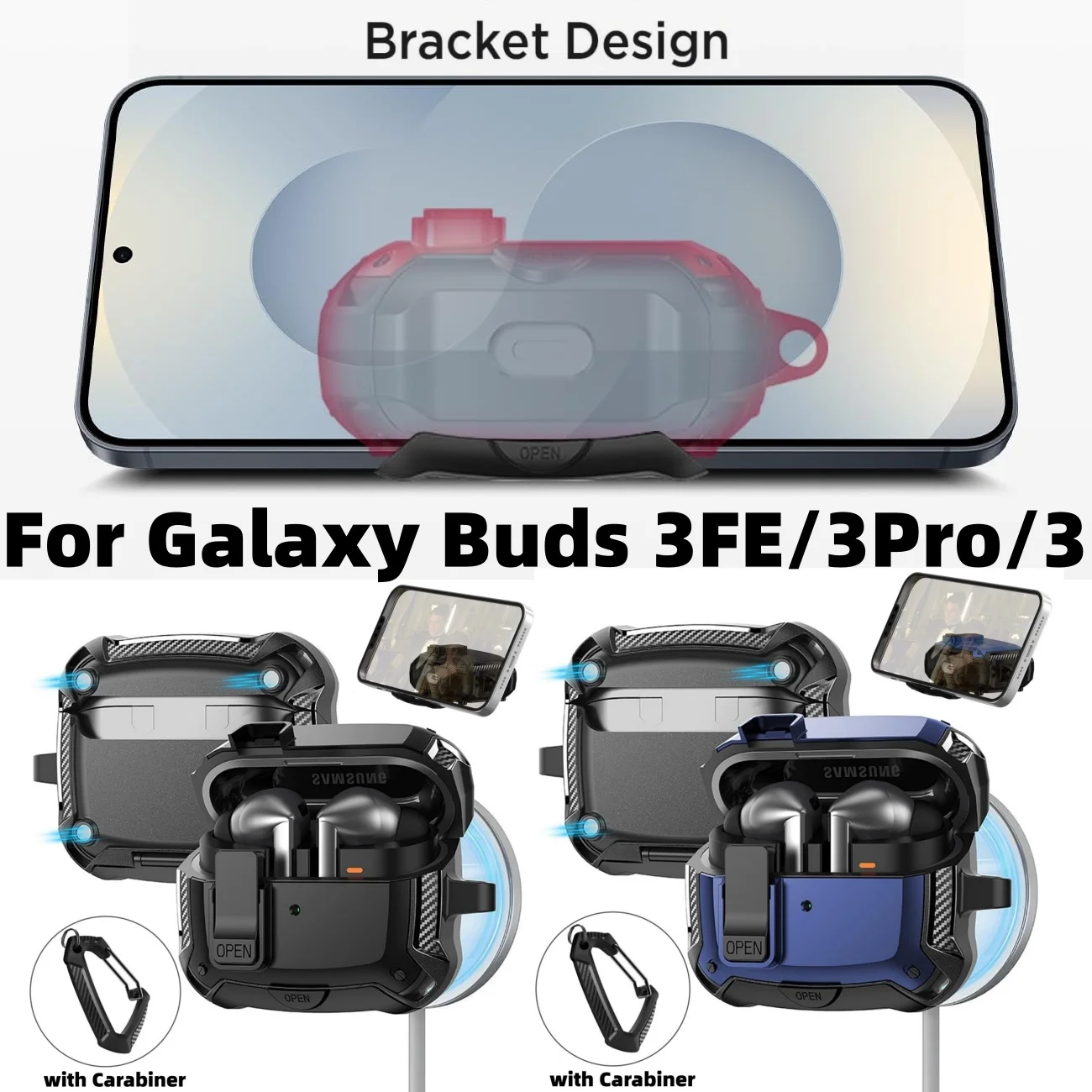 Capa de fibra de carbono com trava segura para fones de ouvido Samsung Galaxy Buds 3 FE/Buds 3 Pro/Buds 3, com suporte para celular, para Buds 3 FE/3 Pro/3