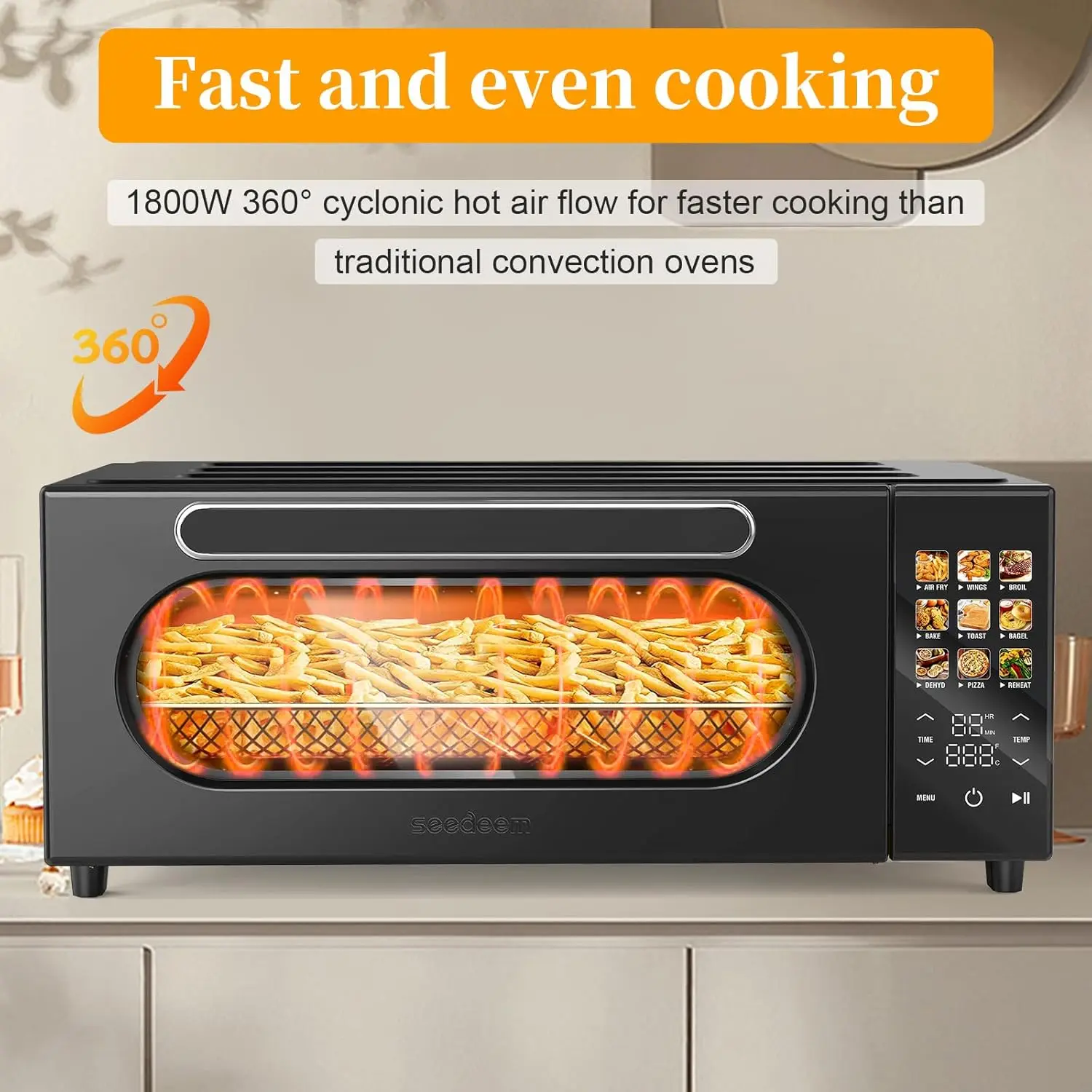 فرن محمصة حرارية 10 في 1، 15 لتر، 1800 وات، شاشة LCD تعمل باللمس، مقلاة هوائية، مجفف، 4 ملحقات، أسود #3