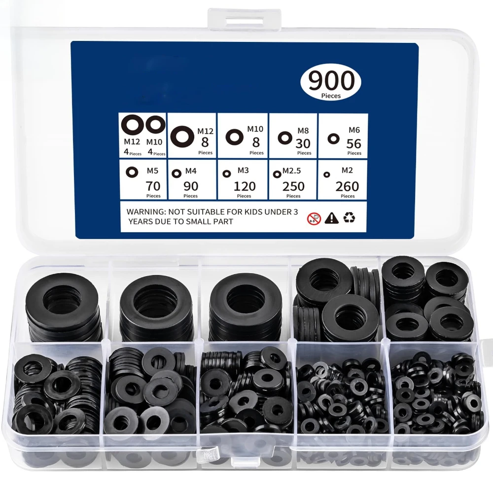 

900pcs Black Nylon Gaskets WashersM2 M2.5 M3 M4 M5 M6 M8 M10 M12 Plastic Insulation Spacers Seals Black Gasket Ring Kit
