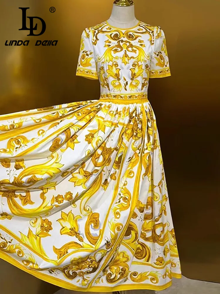 LD LINDA DELLA 2024 Summer Luxury Dress Women\'s High Quality Cotton Bohemian Print Ruched Big Swing Medium Length Dresses