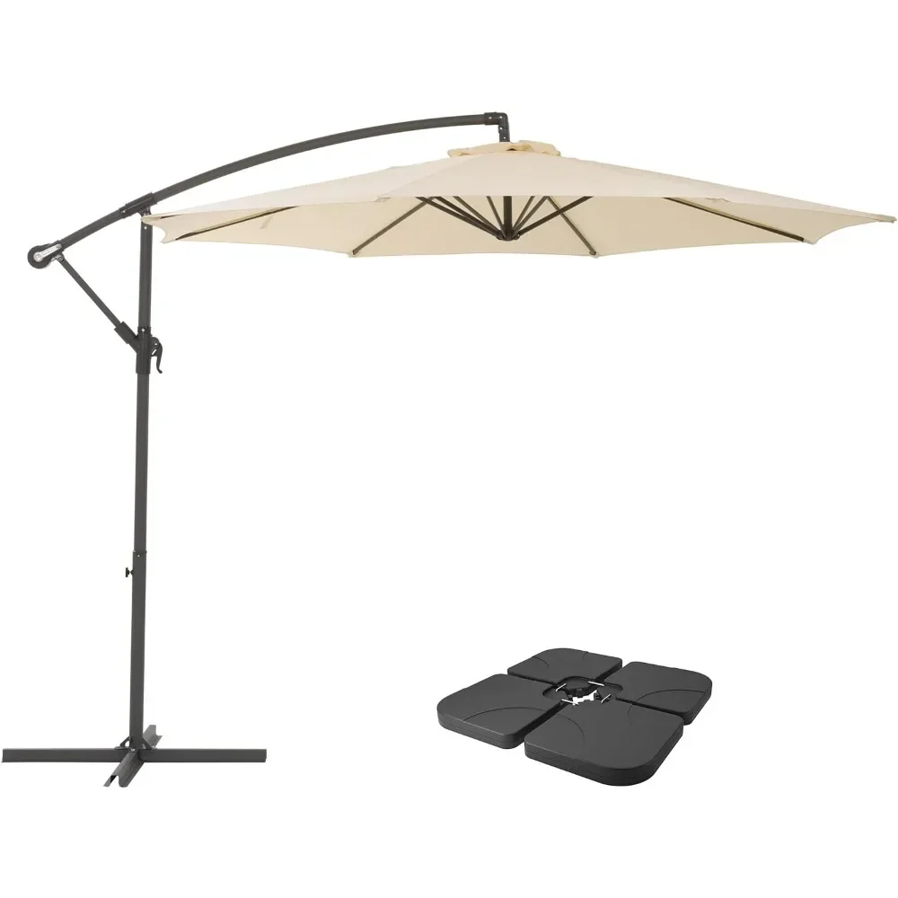 9.5ft White Fabric Offset Patio Umbrella w Steel Frame & Base Weight