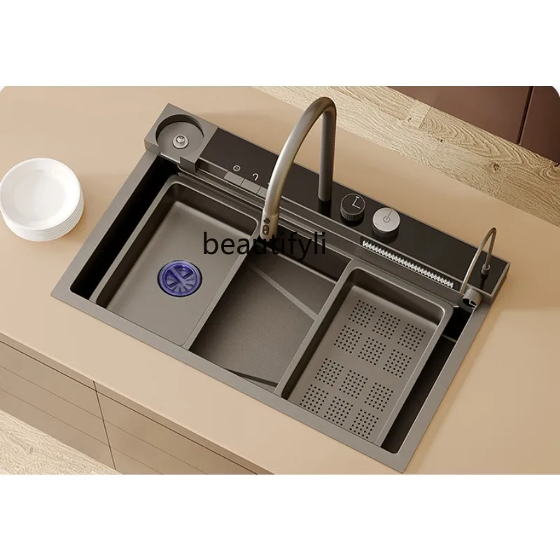 Waterfall Sink Household Kitchen Digital Display Multi-Functional Large Single Sink Washing Basin 304 Stainless Steel