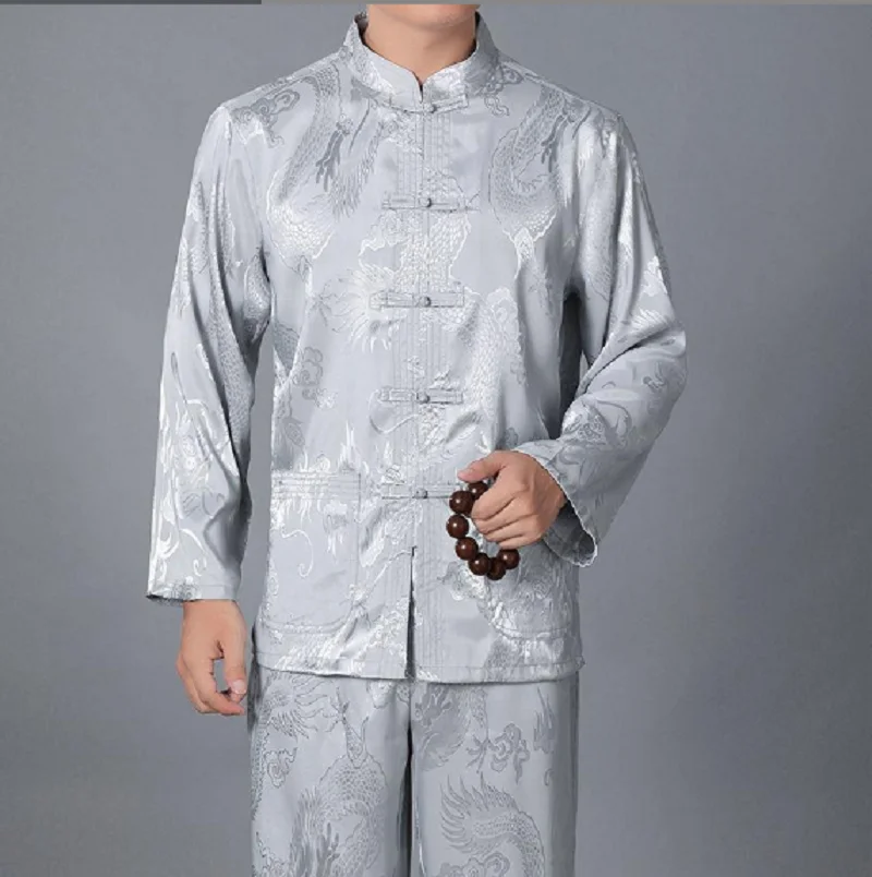 

Wholesale New Chinese Traditiona Men Silk Satin Kung Fu Suit Tang Suit Sets Long Sleeve Jacket Pants Dragon Wu Shu Tai Chi Sets