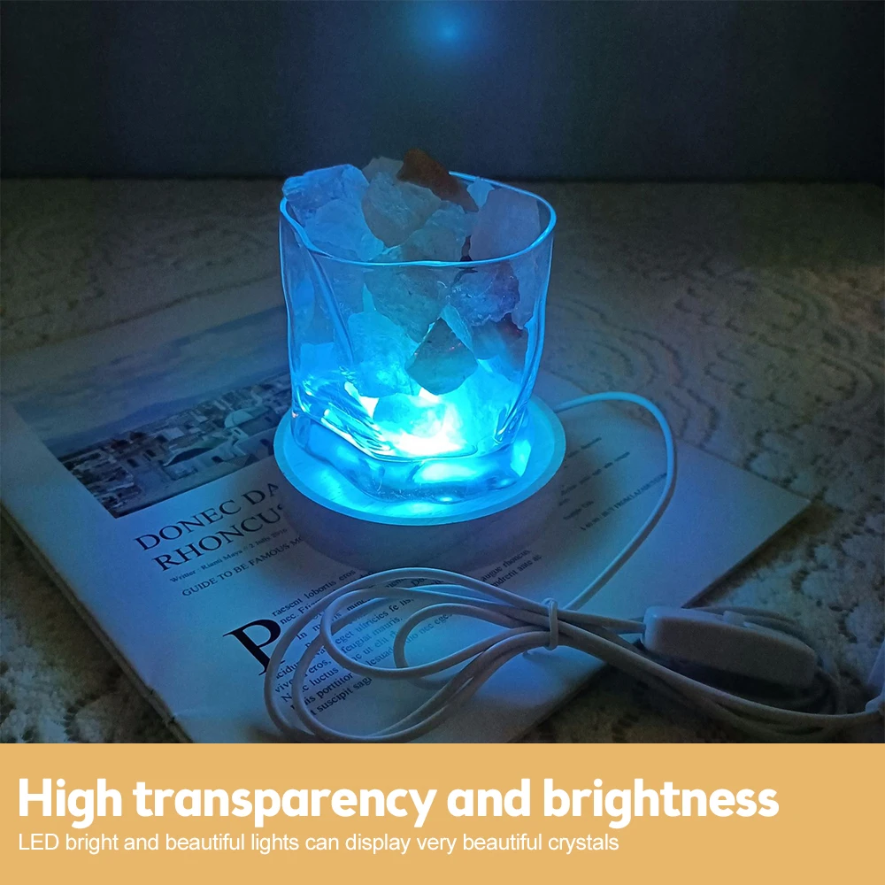 USB LED Wood Light Base Glass Resin Crystal Art Ornament Holder Display Stand Luminous Lamp Base Bedside Night Light Home Decor