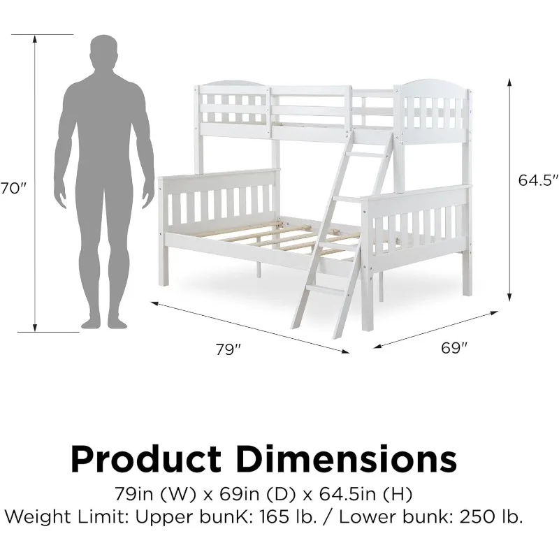 Convertible Wood Bunk Bed, Stackable and Detachable Bed Frames for Kids and Teens, with Angled Ladder, High Guardrail