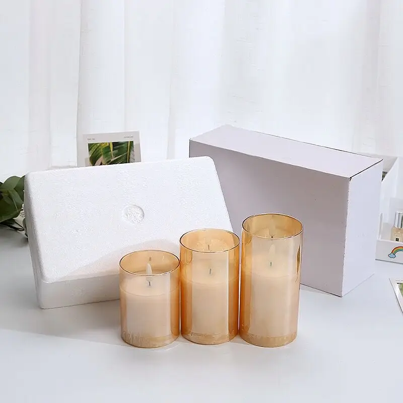

Gold Glass tube Candles 3D wick LED Light Flickering Battery operate Pillar Candle Lamp Home Bar Wedding Party Decoration-Amber