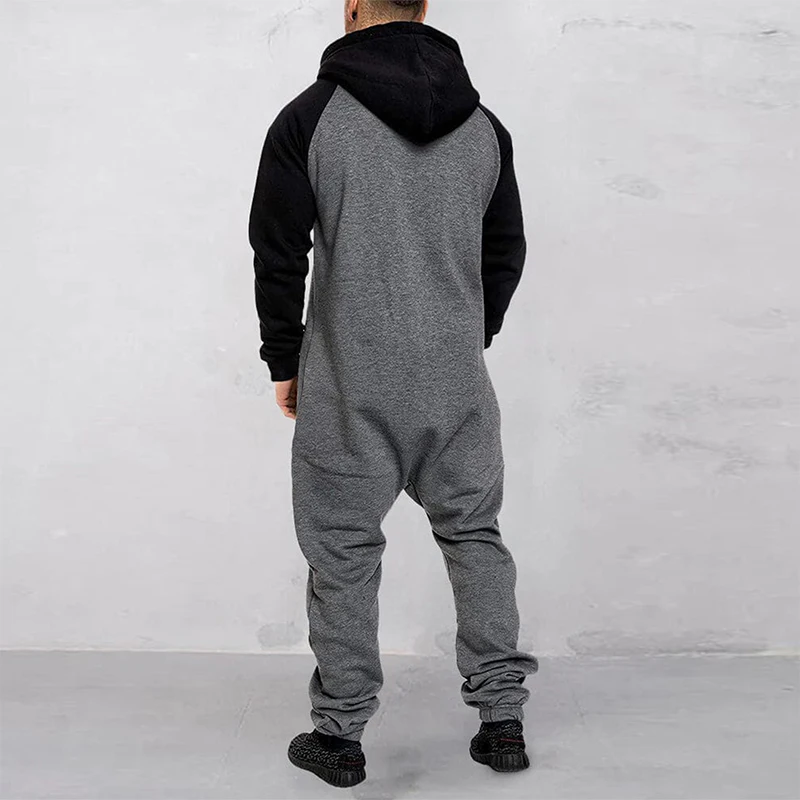 Mens Hooded Jumpsuit Contrast Zipper Front Long Sleeve Full Length Romper with Pockets Winter Fall Clothes