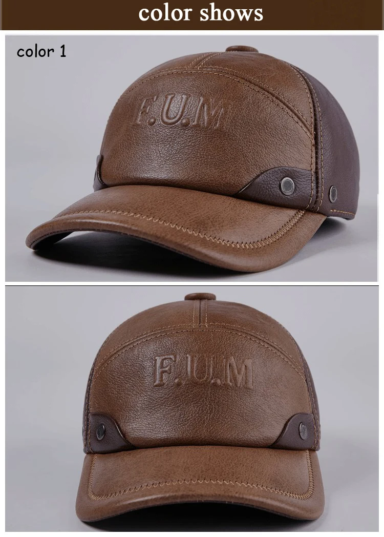 New Winter Genuine Leather Patchwork Baseball Caps For Men Warm Cowhide Golf Peaked Dome Hats Male Letters Adjustable