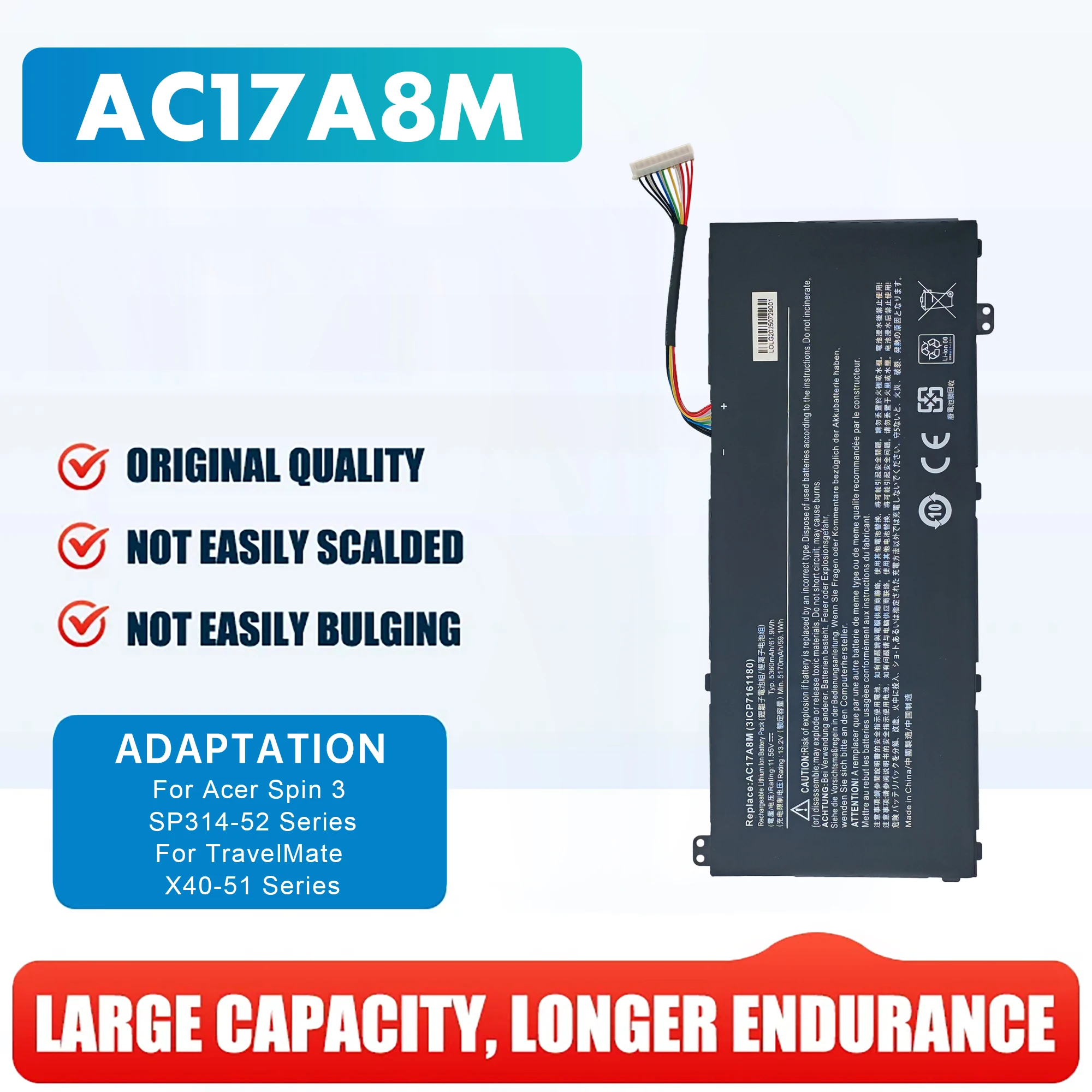 

NEW AC17A8M Battery For Acer Spin 3 SP314-52 SP314 For TravelMate X3410 TMX314-5 TMX3310-M TMX3410-M TMX314-51-M X3410-M